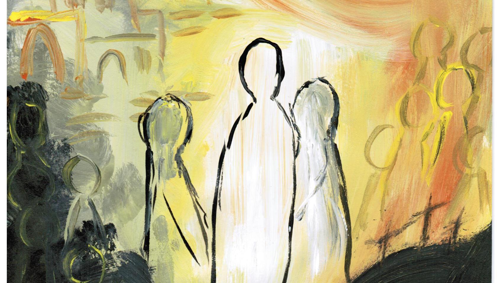 Ein mit viel gelb gemaltes Bild mit einer Taube und drei Figuren.